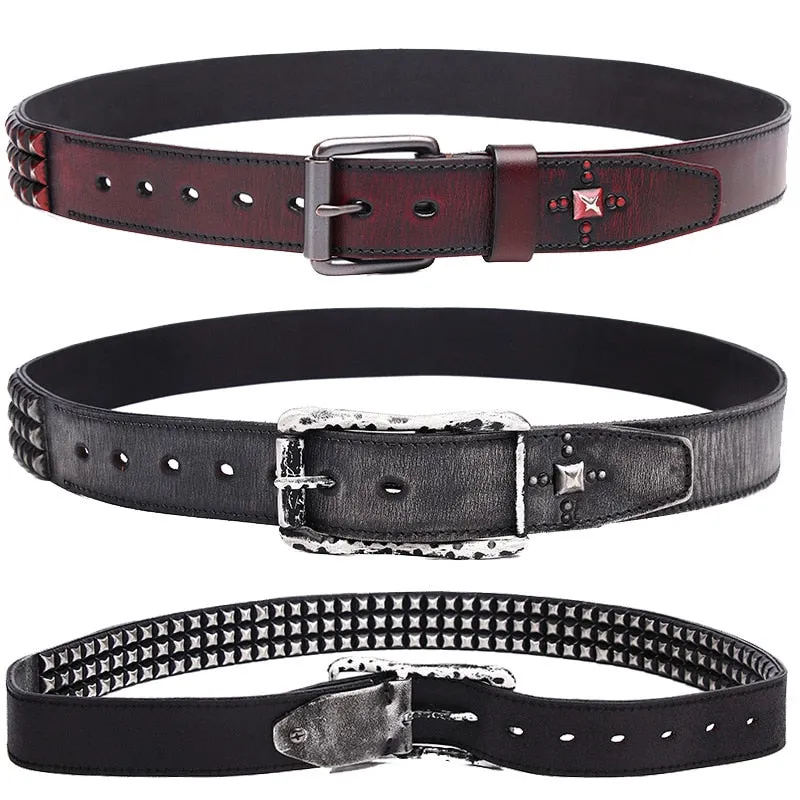 Unisex Handmade Vegetable Tanned Leather Buckle Alloy Rivets Strap Belts